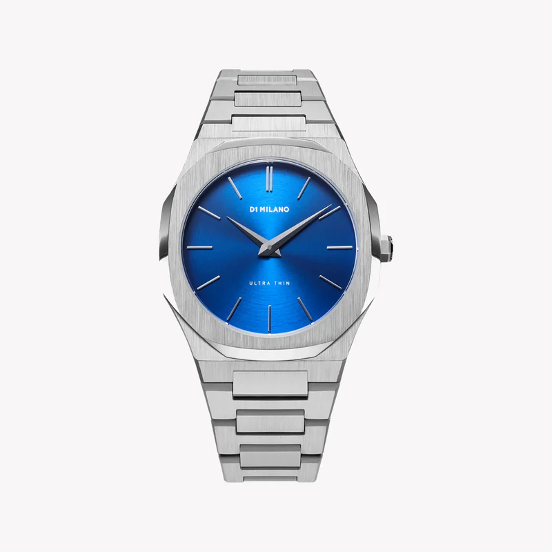 D1 MILANO UTBJ09 silver stainless steel watch with blue dial and silver bracelet, front view