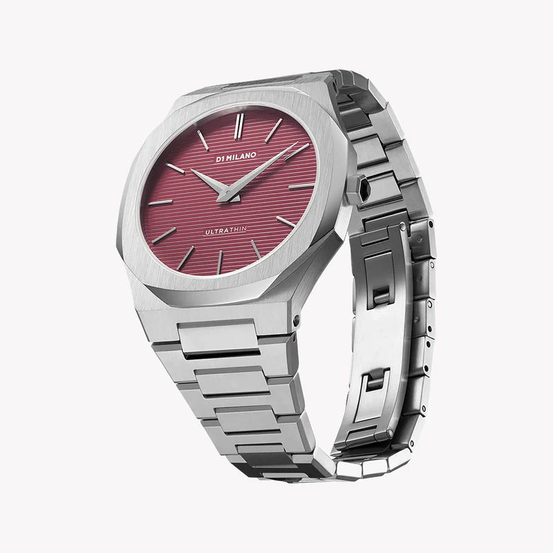 D1 Milano UTBJ11 watch side view showing silver metal bracelet and red dial