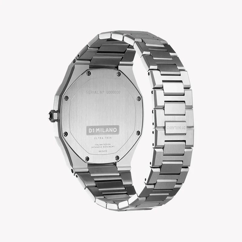 D1 Milano UTBJ11 caseback showing stainless steel design and engraved branding