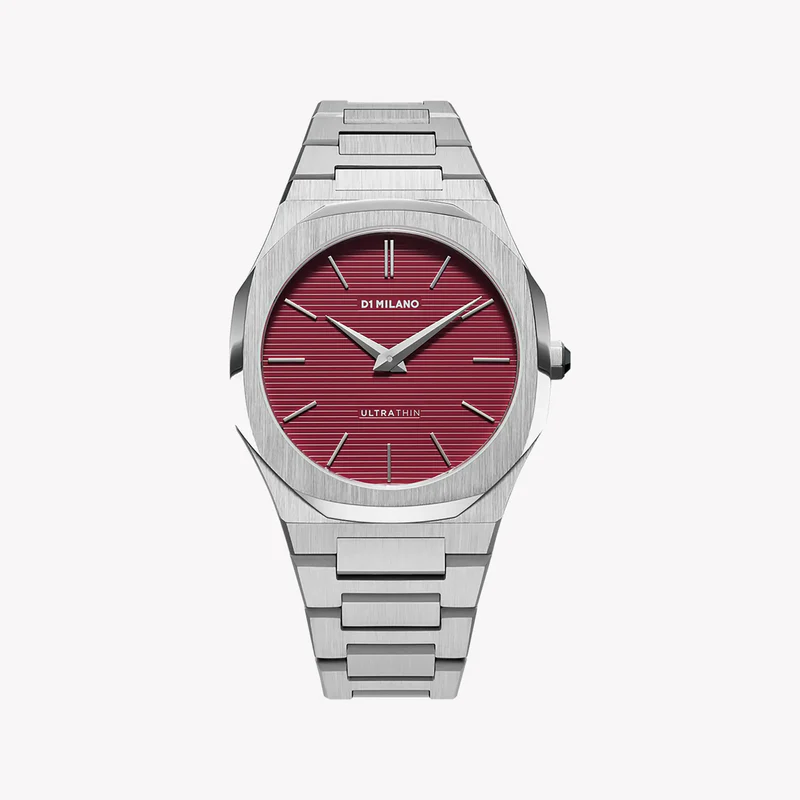D1 Milano silver stainless steel watch with red dial and horizontal line markers
