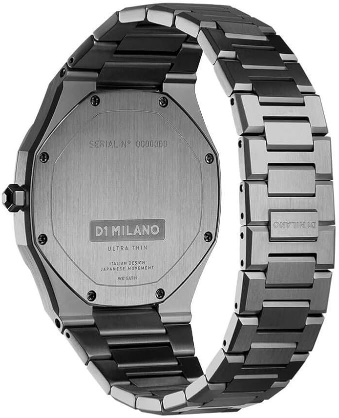 D1 Milano UTBJ12 caseback showing stainless steel engraving and bracelet attachment