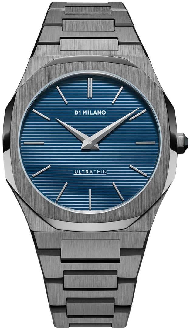 D1 Milano ultra-thin quartz watch with petrol blue striped dial and stainless steel bracelet, front view