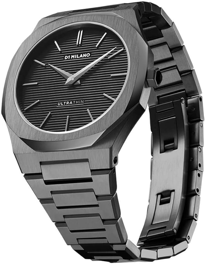 D1 Milano UTBJ15 watch showing three-quarter view with gray titanium bracelet
