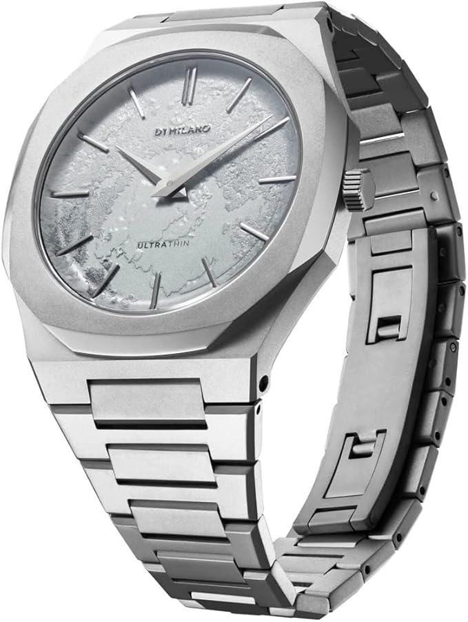 D1 Milano UTBJ18 Ultra Thin watch side angle view showing steel bracelet and case profile