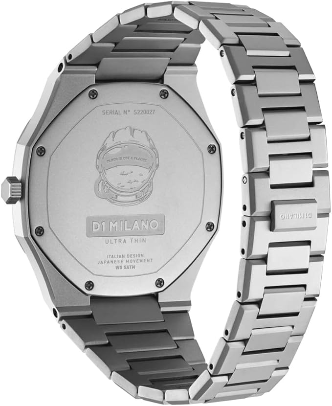 D1 Milano UTBJ18 Ultra Thin watch caseback showing serial number and Italian design inscription
