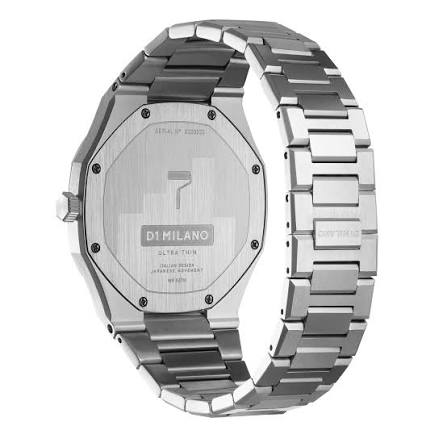 D1 Milano Ultra Thin watch caseback showing stainless steel construction and model details