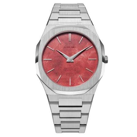 D1 Milano Ultra Thin watch with red watercolour effect dial and stainless steel bracelet