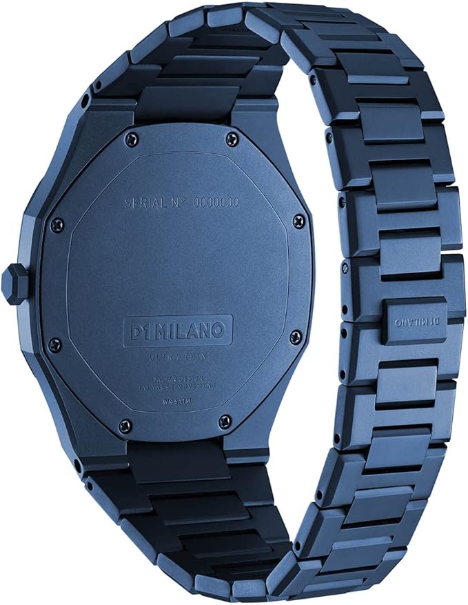 D1 Milano UTBJ21 caseback showing blue metal case and bracelet side view