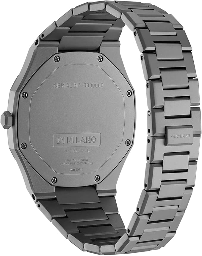D1 Milano UTBJ22 caseback and side view showing stainless steel bracelet