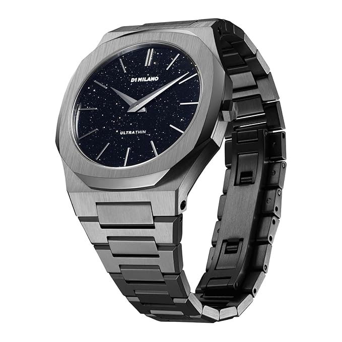 D1 Milano UTBJ29 watch at angle showing black dial and stainless steel link bracelet