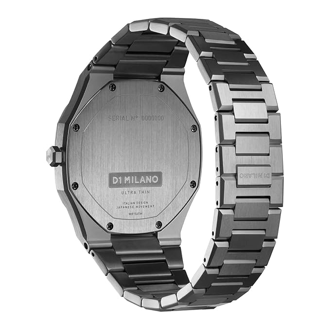 D1 Milano UTBJ29 caseback showing engraved branding and serial number on stainless steel
