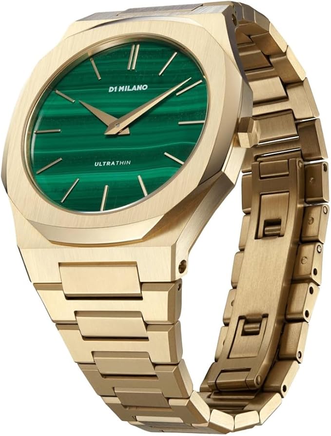 D1 Milano Ultra Thin UTBJ30 golden watch with green dial, angled side view showing bracelet