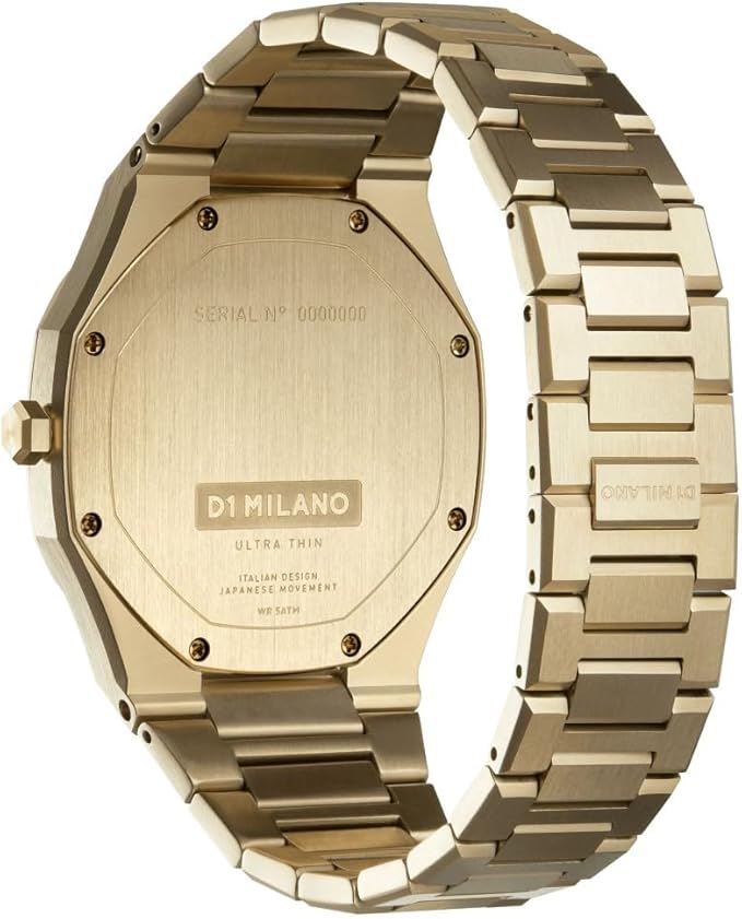 D1 Milano Ultra Thin UTBJ30 case back showing serial number and golden bracelet