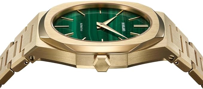 Close-up of D1 Milano Ultra Thin green dial with gold hour markers and hands
