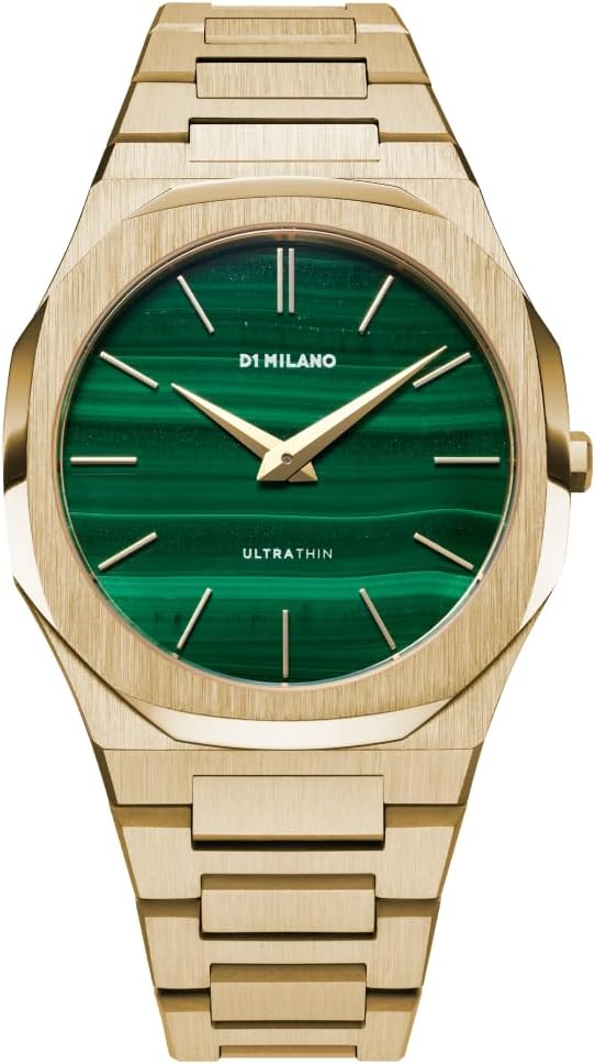 D1 Milano Ultra Thin golden watch with green dial and golden bracelet, front view