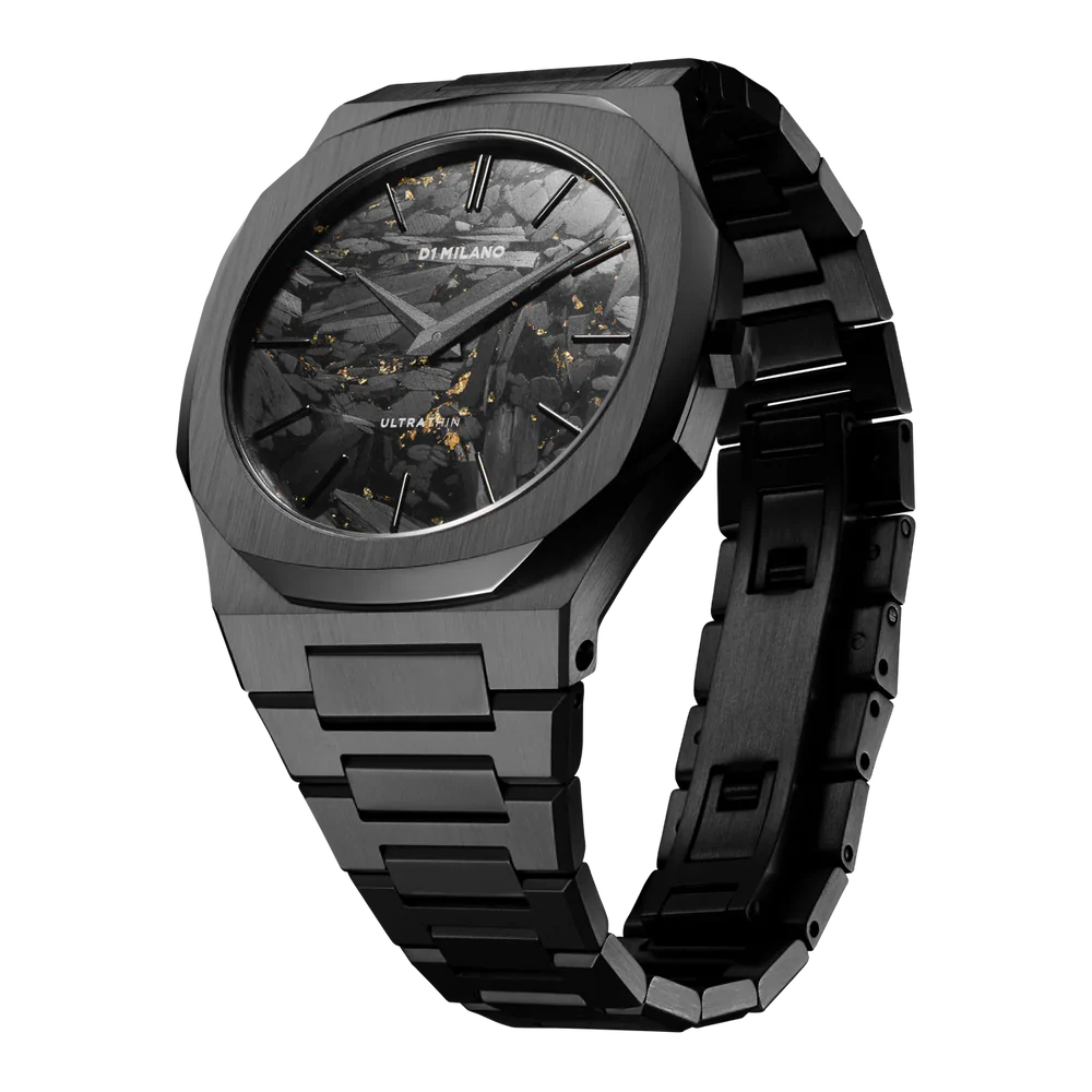 D1 Milano Ultra Thin UTBJ31 black watch displayed at angle showing dial and strap