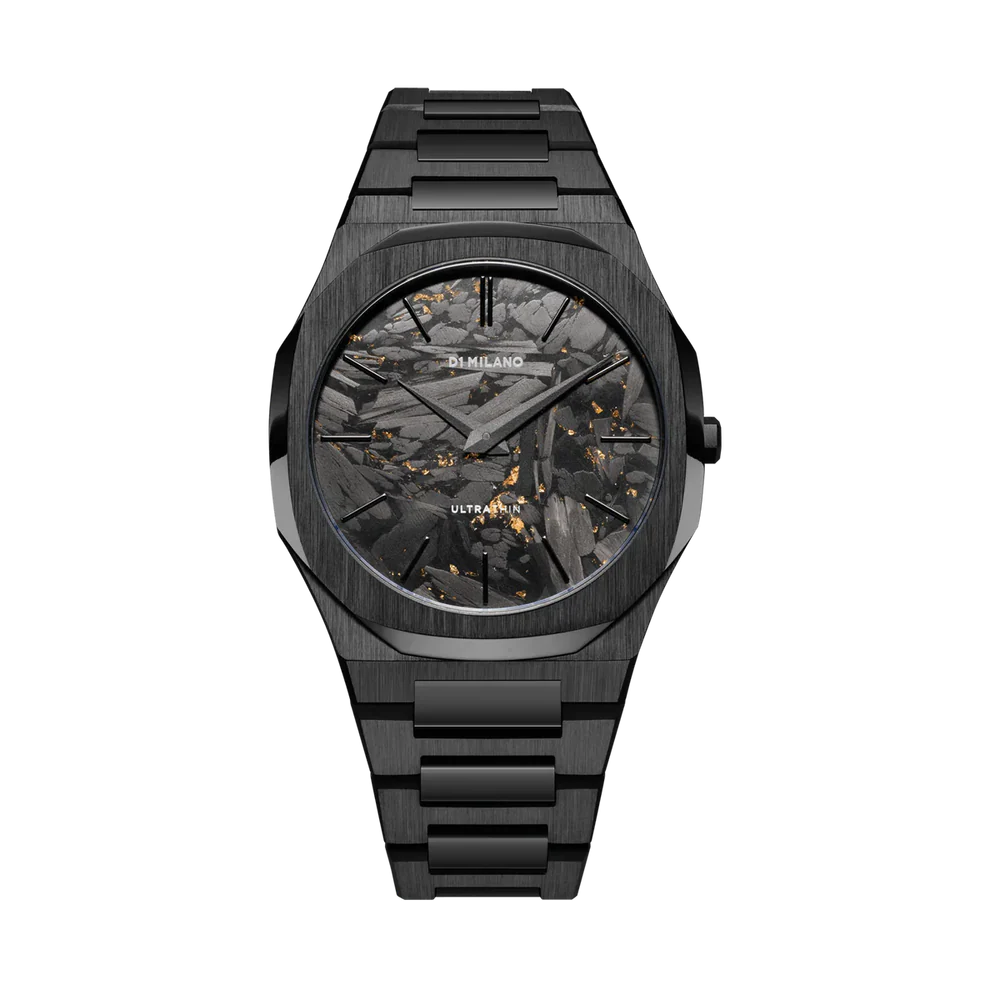 D1 Milano Ultra Thin 40mm DLC black men's watch with skeleton dial and metal bracelet