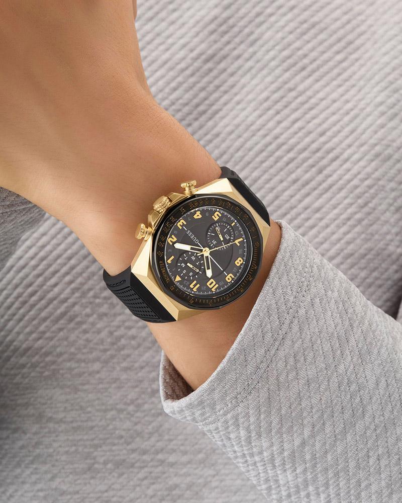 D1 Milano Ultra Thin Ashfield timepiece worn on wrist showing chronograph subdials and gold pushers