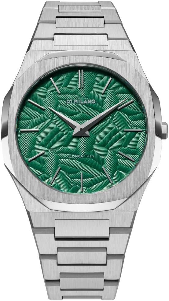 D1 Milano Ultra Thin watch with green textured dial, stainless steel case and bracelet