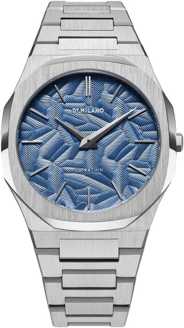 D1 Milano Ultra Thin UTBJ35 watch front view with blue dial and steel bracelet