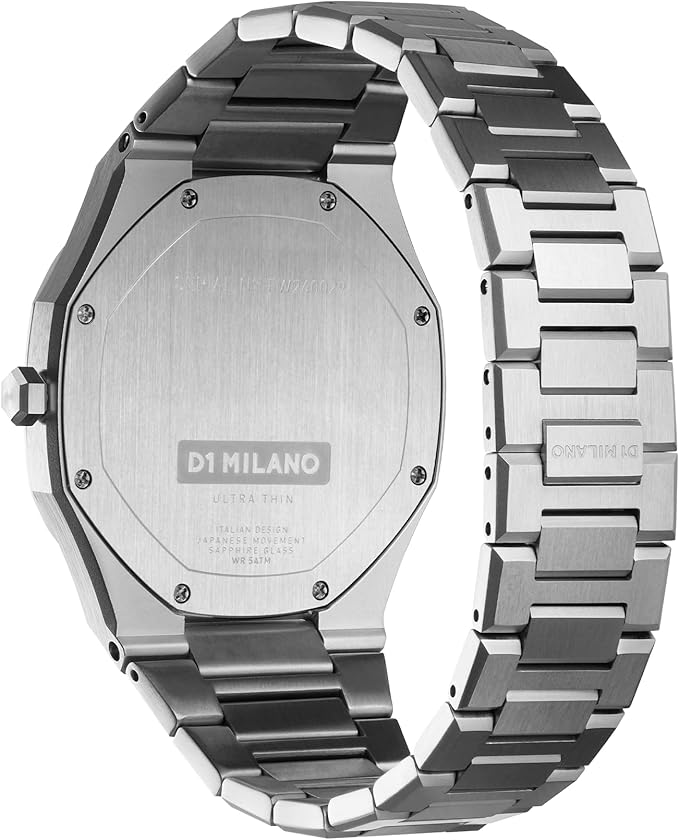 D1 Milano Ultra Thin 40mm watch caseback showing stainless steel with engraved D1 Milano logo