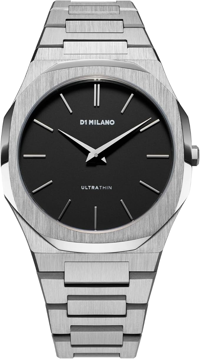 D1 Milano Ultra Thin 40mm automatic watch with silver stainless steel bracelet and black dial