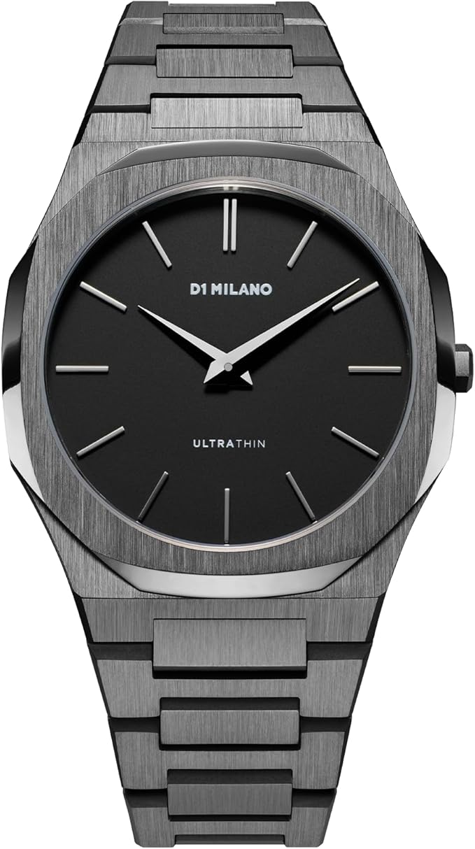 D1 Milano Ultra Thin 40mm black dial watch with gunmetal steel bracelet, front view