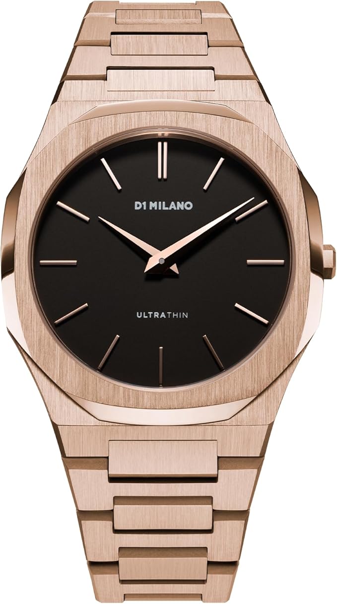 D1 Milano Ultra Thin 40mm rose-gold PVD watch with black dial and integrated bracelet