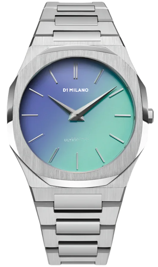 D1 Milano UTBJ43 40mm women's watch with silver steel bracelet and gradient blue-to-teal dial
