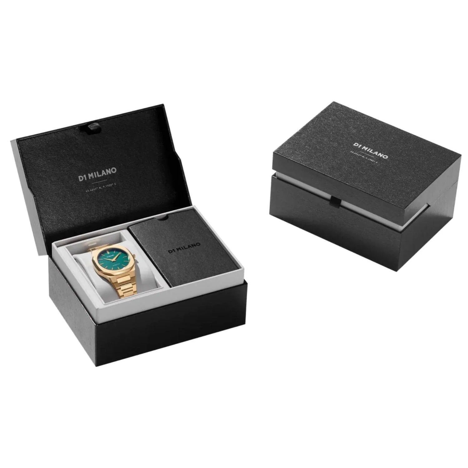 D1 Milano UTBL18 watch with green dial and gold strap in black presentation box