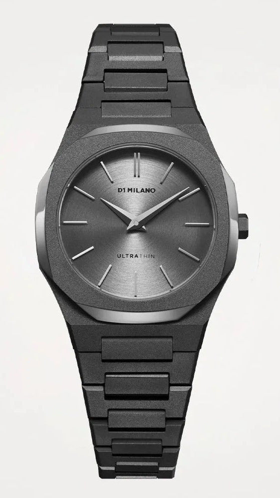 D1 Milano Ultra Thin Ultimate Grey 30mm watch front view with minimalist dial and gunmetal bracelet