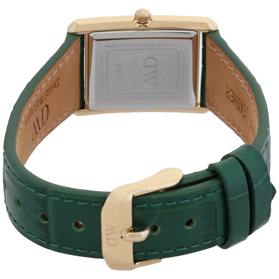 Caseback view of Daniel Wellington Bound watch showing green leather strap and gold-tone buckle with DW branding