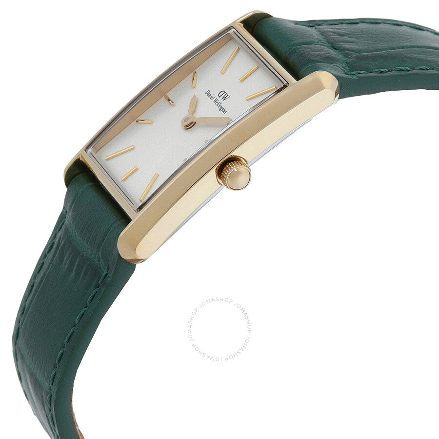 Side view of Daniel Wellington Bound watch showing rectangular case profile and green crocodile-embossed leather strap