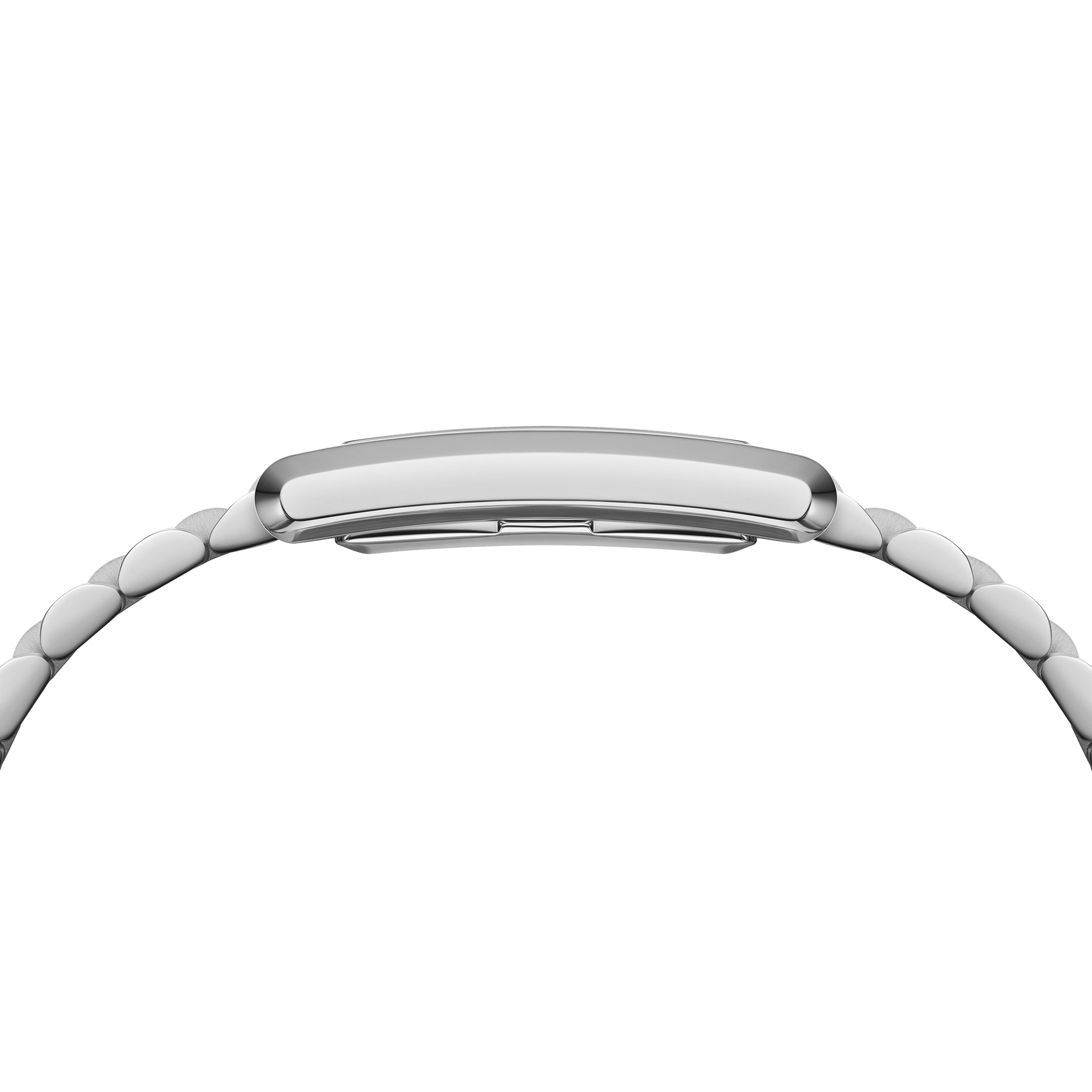 Close-up of The Bound Link stainless steel link bracelet and case connection