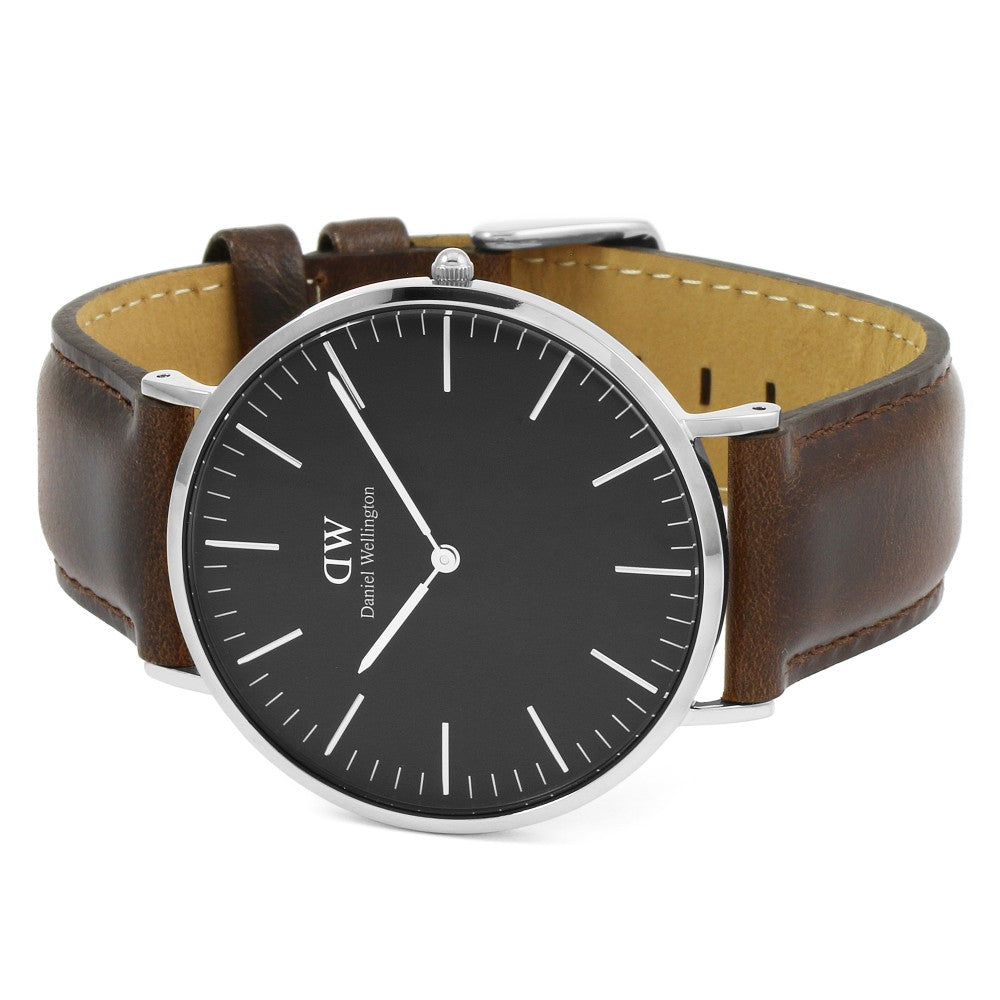 Daniel Wellington Bristol watch angled view showing black dial and brown leather strap