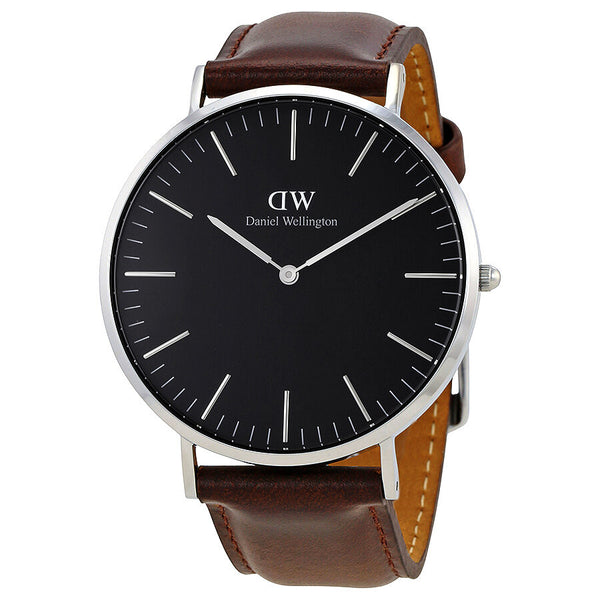 Daniel Wellington Bristol 40mm black dial watch with silver case and brown leather strap