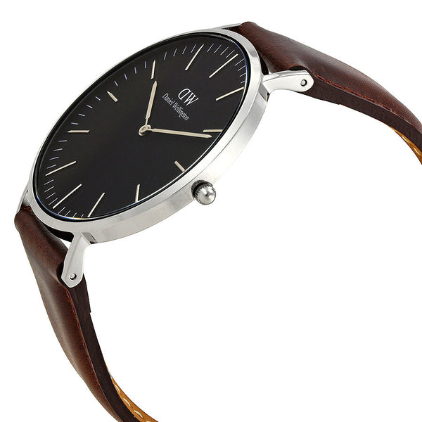 Daniel Wellington Bristol watch side view with silver case and brown leather band