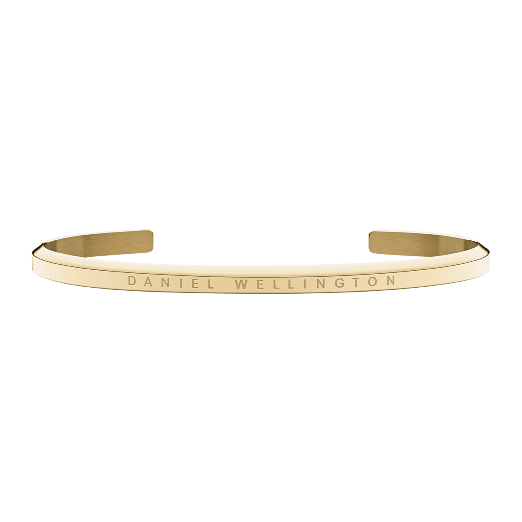 Gold cuff bracelet with engraved Daniel Wellington text on cream band
