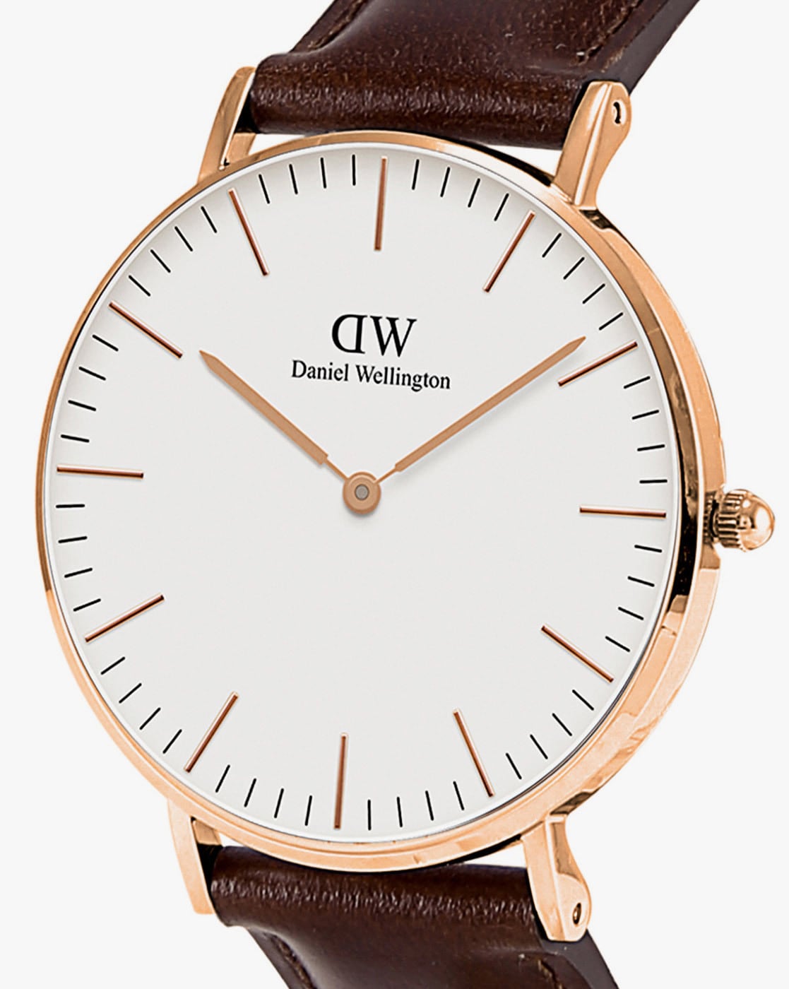 Side angle view of Daniel Wellington Classic Bristol showing rose gold case and brown leather strap