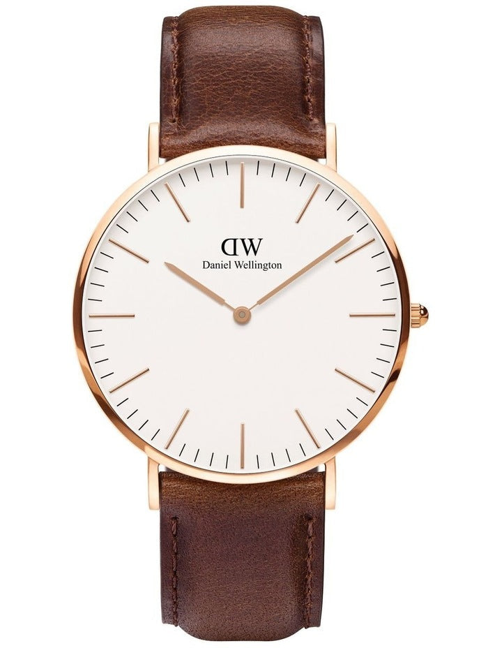 Daniel Wellington Classic Bristol 40mm gold watch with white dial and brown leather strap
