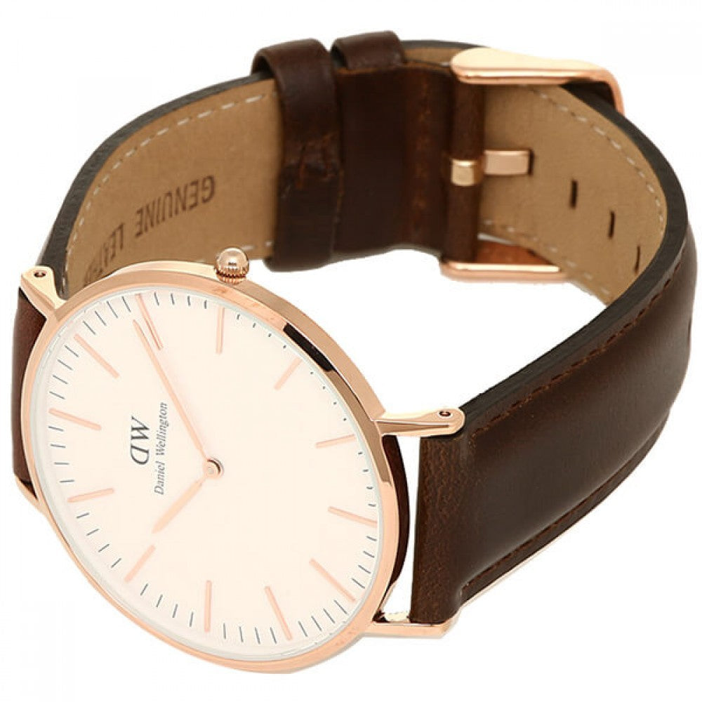 Daniel Wellington Classic Bristol watch displayed with brown leather strap and rose gold buckle visible