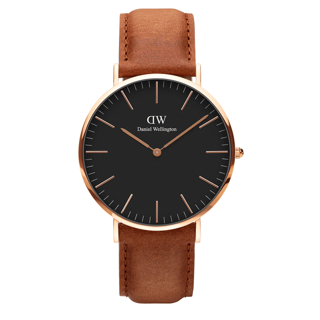 Daniel Wellington Classic Durham 34mm watch with black dial, rose gold case, and brown leather strap