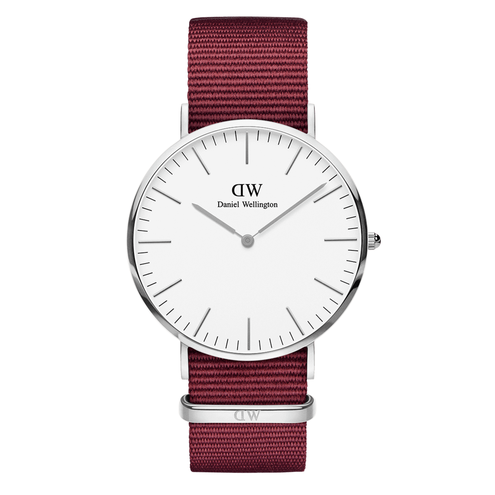 Daniel Wellington Classic watch with white dial and red nylon strap
