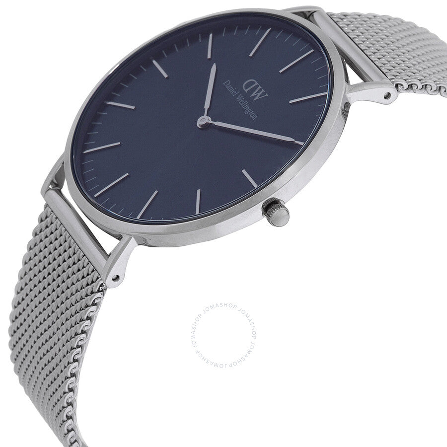 Daniel Wellington Classic Mesh watch shown at angle with mesh strap and case detail