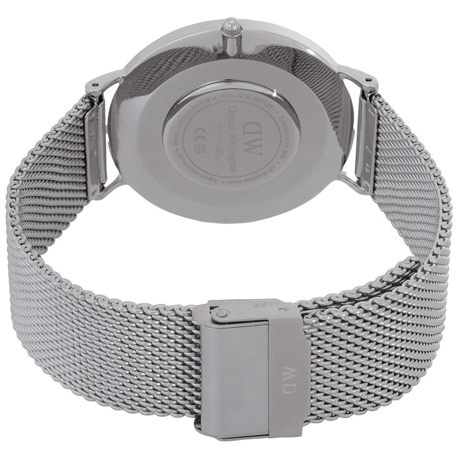 Daniel Wellington Classic Mesh watch case back showing engraved branding and mesh band
