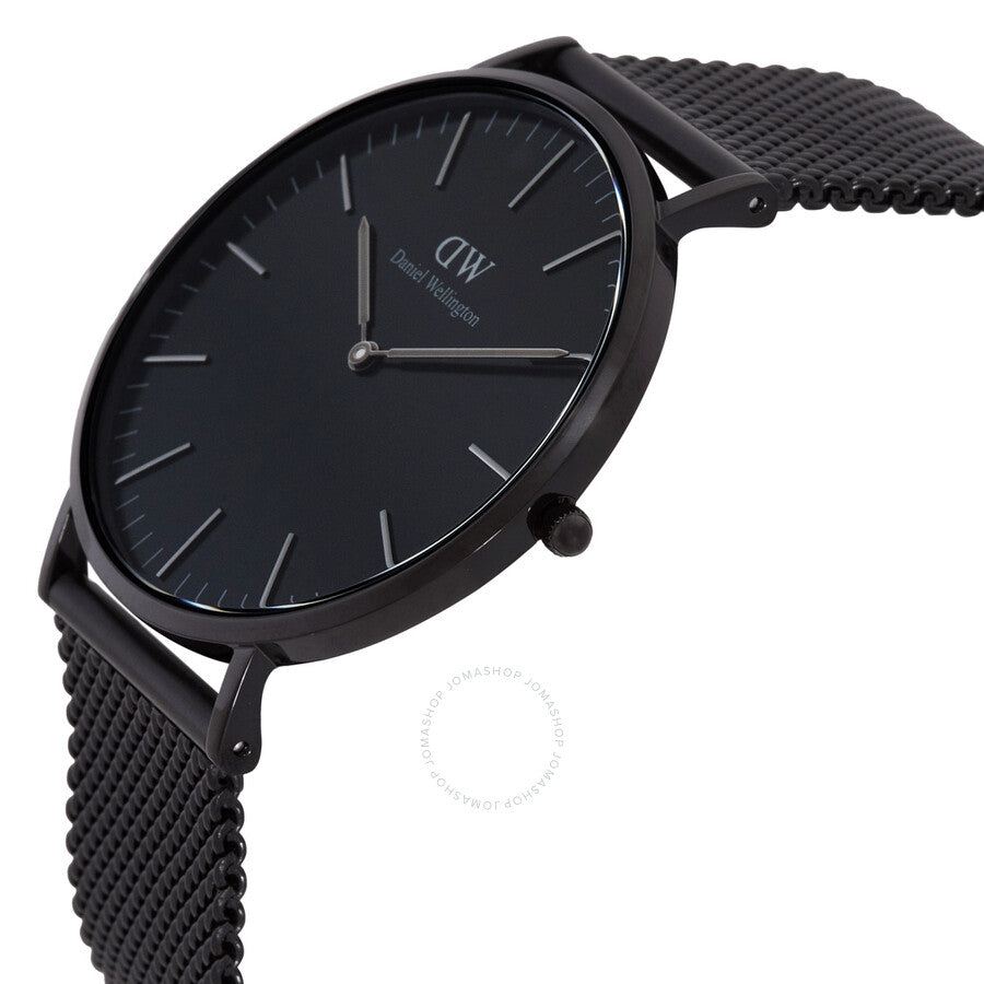 Side angled view of Daniel Wellington Classic Mesh watch with black dial