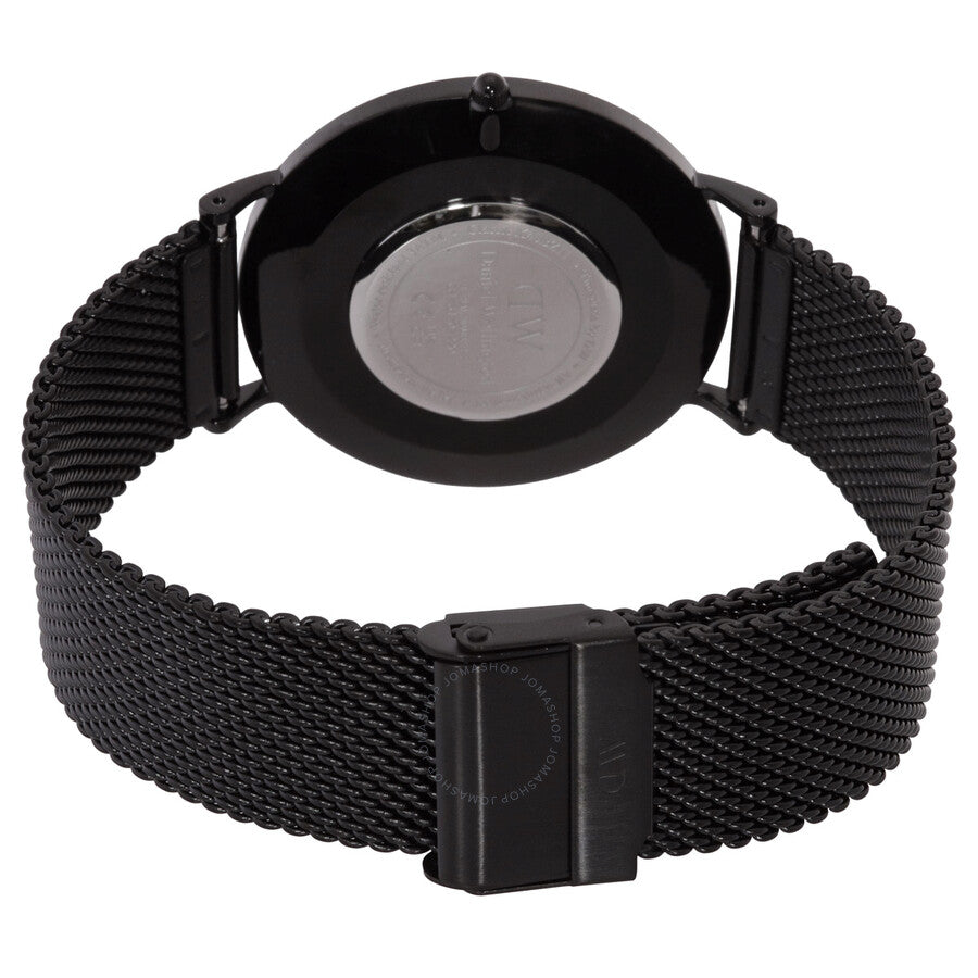 Caseback of Daniel Wellington Classic Mesh watch showing metal back plate