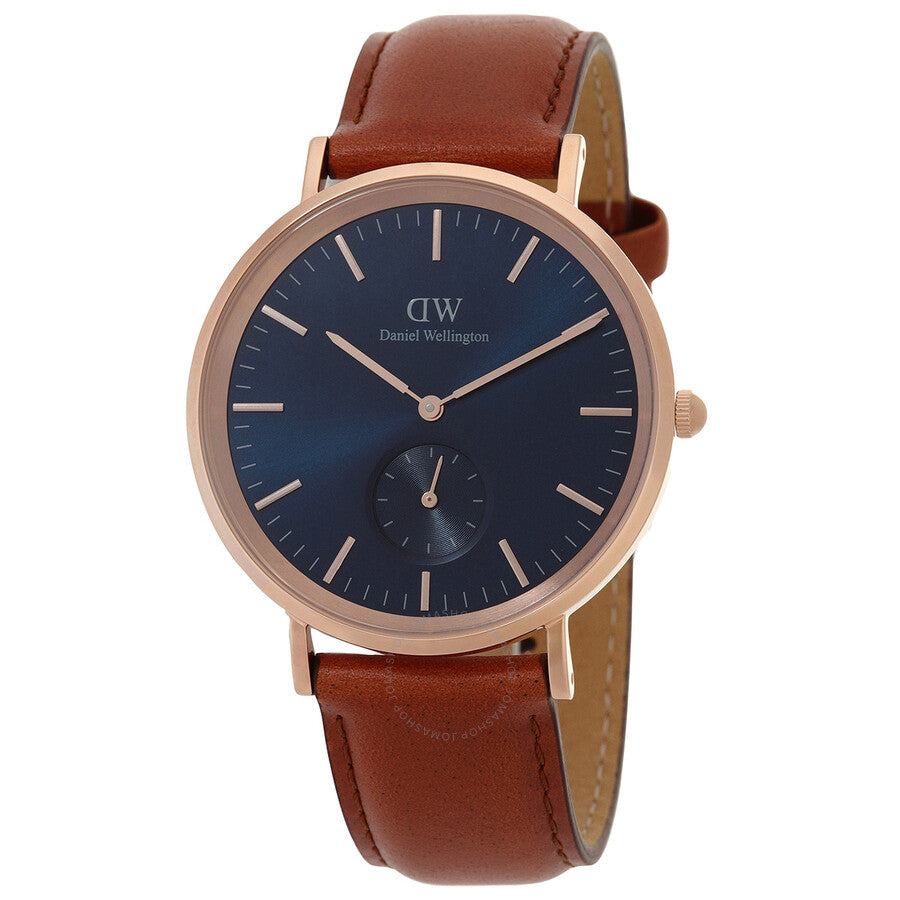 Daniel Wellington Classic Multi-Eye watch with blue dial, rose gold case, and cognac leather strap