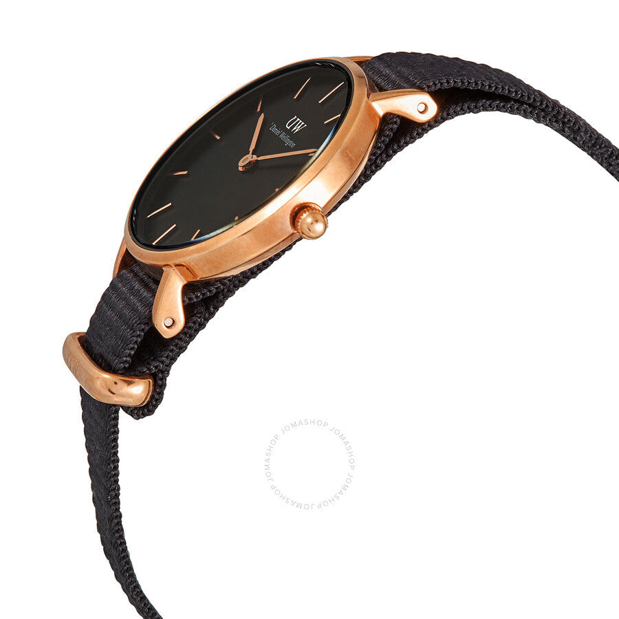 Side angle view of Daniel Wellington Classic Petite with rose gold case and black nylon strap