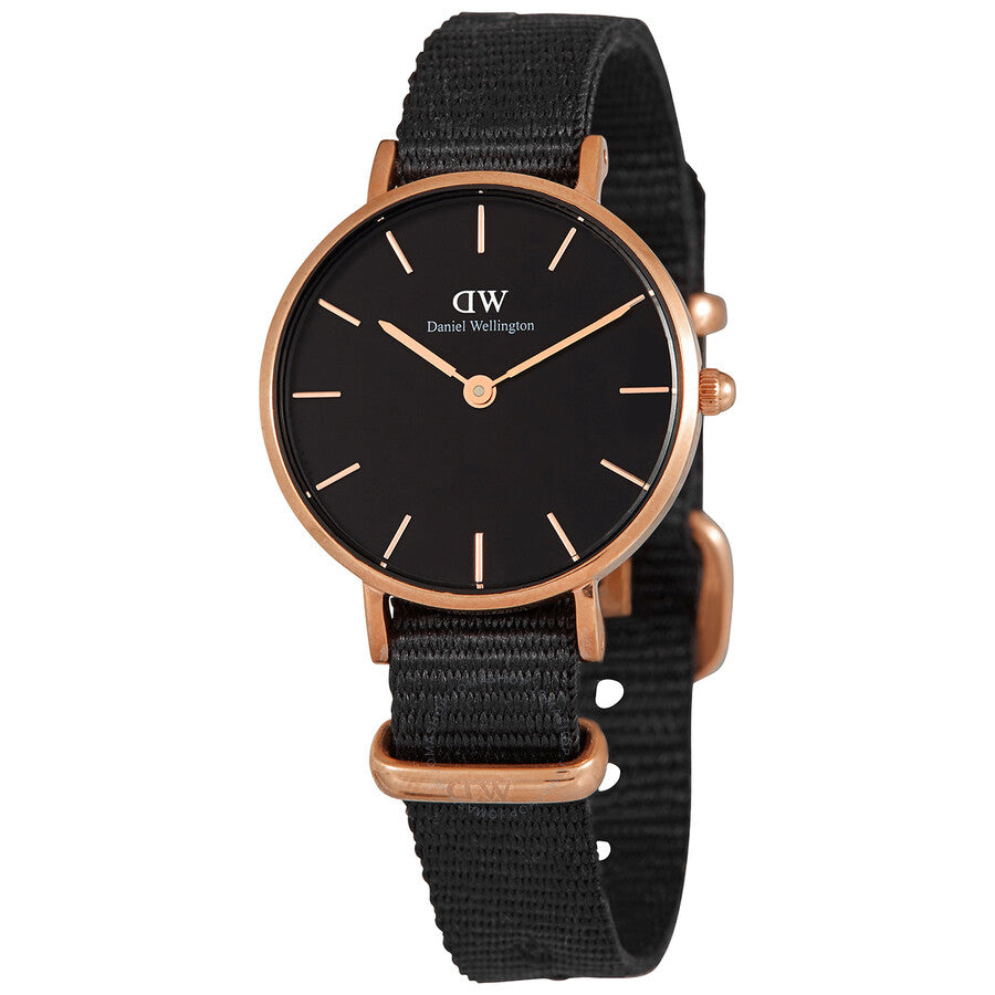 Daniel Wellington Classic Petite Black Cornwall ladies watch with rose gold case and black strap